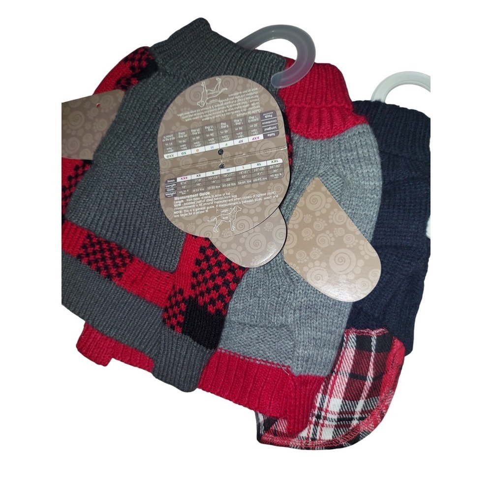 Bundle 3 XS Dog Sweaters Winter Theme Grey And Red Snowflake, Squirrel, Plaid - Picture 3 of 3